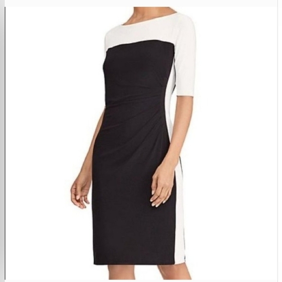 Lauren Ralph Lauren Women Colorblock Dress Side Ruched Black White Size 8 - Picture 1 of 10